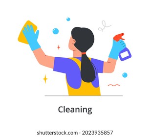 Female cleaning staff member is cleaning window with spray and wipes with spray on white background. Concept of people cleaning indoors in different premises. Flat cartoon vector illustration