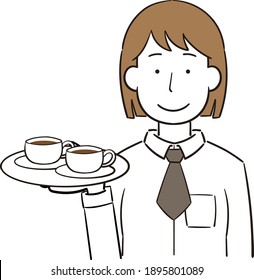 Female clerk at a cafe carrying drinks