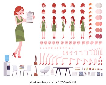 Female clerk character creation set. Woman on administrative work, office employee. Full length, different views, emotions, gestures. Build your own design. Vector illustration