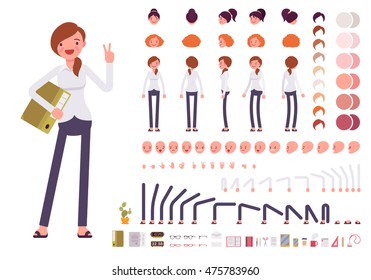 Female clerk character creation set. Full length, different views, emotions, gestures, isolated against white background. Build your own design. Cartoon flat-style infographic illustration
