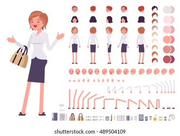 Female clerk character creation set. Full length, different views, emotions, gestures, isolated against white background. Build your own design. Vector illustration