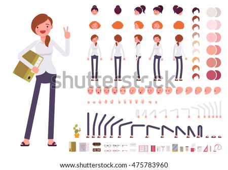 Female clerk character creation set. Full length, different views, emotions, gestures, isolated against white background. Build your own design. Vector illustration ストックフォト © 