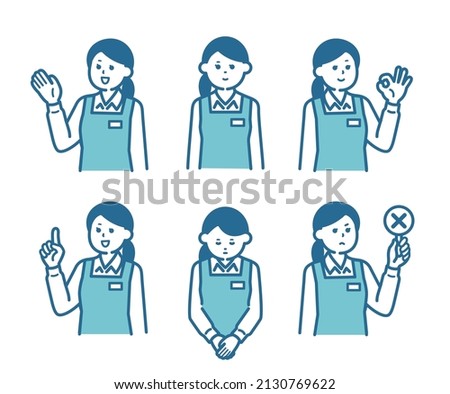 Female clerk pose set with an apron