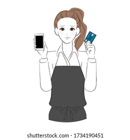Female clerk with a troubled face smartphone and cash card