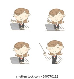Female clerk wearing uniform with various poses in front of a computer