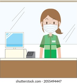 A female clerk who puts on a mask and puts up a vinyl sheet to take measures against infection