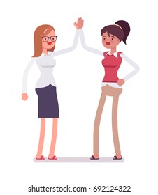 Female clerks giving high five. Office recruitment and training, effective new ideas. Human relations in workplace concept. Vector flat style cartoon illustration, isolated, white background