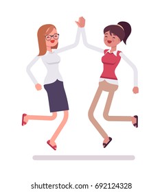 Female clerks giving jumping high five. Challenging task, company success celebrating. Human relations in the workplace concept. Vector flat style cartoon illustration, isolated, white background