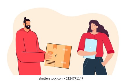 Weibliche Kunden mit Laptop-Paket von Kurierdienst. Mann, der der Frau Orden liefert flache Vektorgrafik. Lieferservice, Einkauf, Versandkonzept für Banner, Website-Design oder Landing-Page