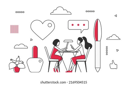 Female client at manicurist salon service. Beauty parlor with care cosmetic treatments vector monocolor illustration