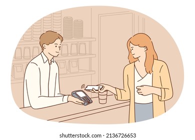 Female client pay contactless with mobile phone at shop cashier. Happy woman customer or buyer make payment with smartphone. Bank and finance concept. Flat vector illustration. 