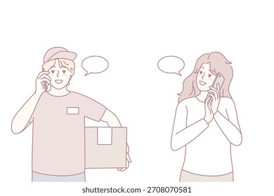 Cliente femenino hablando por teléfono con el repartidor. Mujer hablando por celular con el mensajero que entrega el paquete. Concepto de servicio de entrega. Ilustración vectorial.