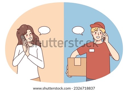 Female client talking on phone with deliveryman. Woman speaking on cellular with courier delivering parcel. Delivery service concept. Vector illustration.