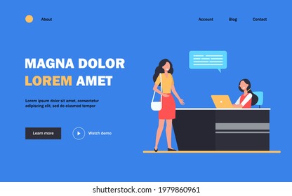Female client or visitor talking with receptionist. Desk, speech bubble, laptop flat vector illustration. Service and communication concept for banner, website design or landing web page