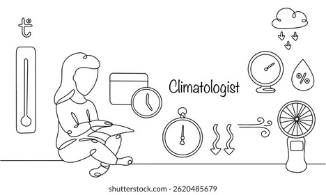A female climatologist studies climate processes and phenomena on Earth. She analyzes long-term changes in climate, including temperature, precipitation, atmospheric pressure, and other factors. 