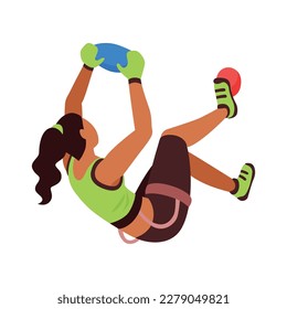 Female climber holding on grips on climbing wall 3d isometric vector illustration