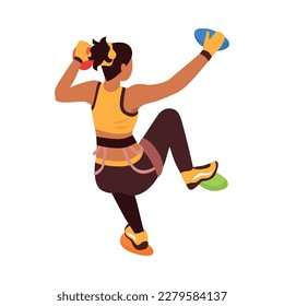 Female climber practising rock climbing on wall holding on colorful grips 3d isometric vector illustration