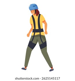 Female climber is walking, wearing safety harness and helmet, getting ready for mountain climbing
