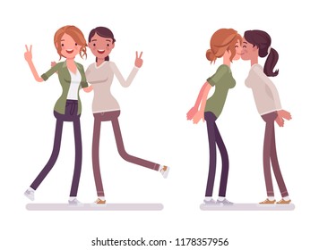 Female close friends greeting. Happy women together, meeting. Social manners and etiquette concept. Vector flat style cartoon illustration isolated on white background
