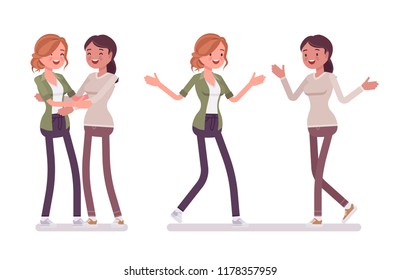 Female close friends greeting. Happy women open arms for hug, showing respect. Social manners and etiquette concept. Vector flat style cartoon illustration isolated on white background