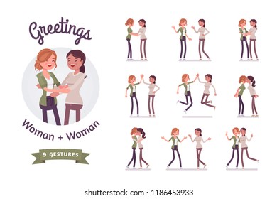 Female close friends greeting set. Happy women meet, open arms for hug, showing respect. Social manners and etiquette concept. Vector flat style cartoon illustration isolated on white background