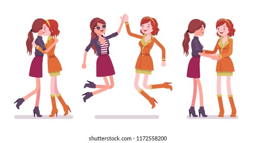 Female close friends meeting, greeting. Women giving a hug, high five, handshake. Social manners, etiquette concept. Vector flat style cartoon illustration isolated, white background