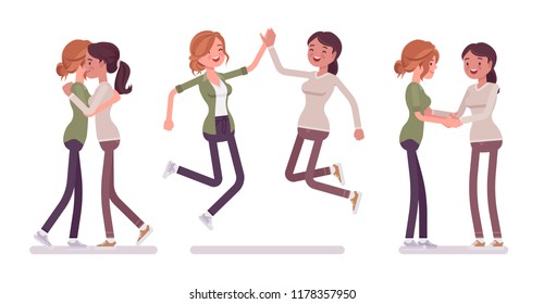 Female close friends meeting, greeting. Happy women giving a hug, high five, handshake. Social manners, etiquette concept. Vector flat style cartoon illustration isolated, white background