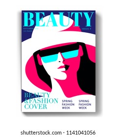 Female close up portrait. Abstract girl wearing big hat and sunglasses. Woman magazine cover design for the summer holiday season. Vector illustration