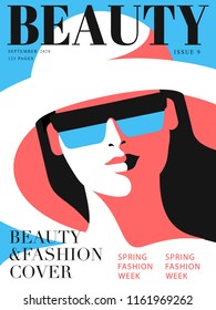 Female close up portrait. Abstract girl wearing big hat and sunglasses. Woman magazine cover design for the summer holiday season. Vector illustration