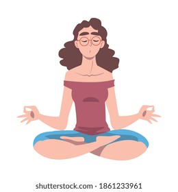 Female with Closed Eyes and Crossed Legs Sitting in Lotus Position Practising Yoga Vector Illustration