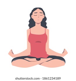 Female with Closed Eyes and Crossed Legs Sitting in Lotus Position Practising Yoga Vector Illustration