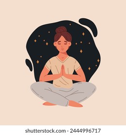 Female with closed eyes meditating in yoga lotus pose. Meditating woman with crossed legs, meditation and breath exercise flat vector illustration. Harmony and tranquility scene