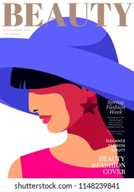 Female close-up portrait in profile. Abstract young woman wearing big hat and earrings. Woman fashion magazine cover design. Vector illustration