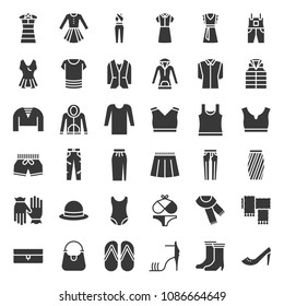 Female clothes, bag, shoes and accessories solid icon set 2