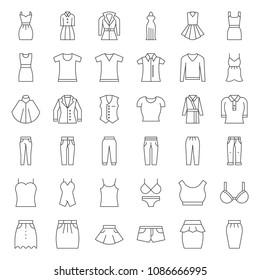 Female clothes, bag, shoes and accessories fashion, thin outline icon set  1