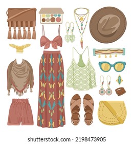 Ropa femenina en conjunto de ilustraciones vectoriales de estilo boho. Elementos de diseño y joyería de vintage para mujeres, accesorios, sombrero, sandalias aisladas de fondo blanco. Concepto de moda y estilo bohemio