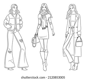 Female clothes collection. Fashion models in stylish coats and jackets. Vector line illustration of beautiful young women, isolated on white background. Fashion coloring page.