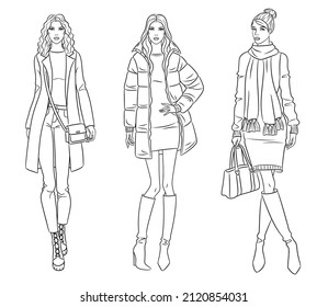 Female clothes collection. Fashion models in stylish coats and jackets. Vector line illustration of beautiful young women, isolated on white background. Fashion coloring page.