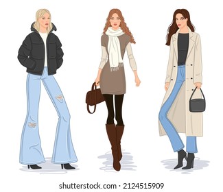 Female clothes collection. Fashion models in stylish coats and jackets. Vector illustration of beautiful young women, isolated on white background.