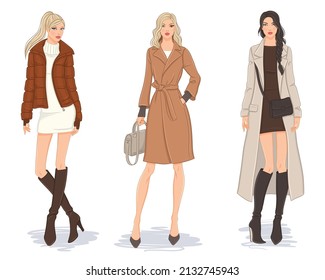 Colección de ropa femenina. Modelos de moda con abrigos y chaquetas elegantes. Ilustración vectorial de mujeres jóvenes hermosas, aisladas en fondo blanco.