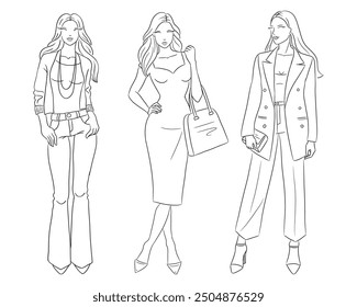 Female clothes collection. Fashion models posing. Vector line fashion illustration of beautiful young women, isolated on a white background. Fashion coloring page. Hand drawn fashion sketches.