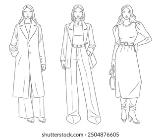 Colección de ropa femenina. Modelos de moda posando. Ilustración de moda de línea de Vector de mujeres jóvenes hermosas, aisladas sobre un fondo blanco. Dibujo para colorear de moda. Bocetos de moda dibujados a mano.