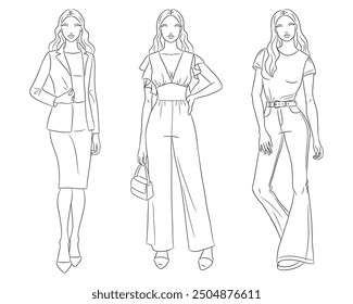 Female clothes collection. Fashion models posing. Vector line fashion illustration of beautiful young women, isolated on a white background. Fashion coloring page. Hand drawn fashion sketches.