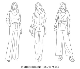 Female clothes collection. Fashion models posing. Vector line fashion illustration of beautiful young women, isolated on a white background. Fashion coloring page. Hand drawn fashion sketches.