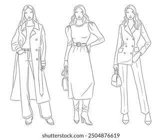 Female clothes collection. Fashion models posing. Vector line fashion illustration of beautiful young women, isolated on a white background. Fashion coloring page. Hand drawn fashion sketches.