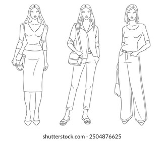 Female clothes collection. Fashion models posing. Vector line fashion illustration of beautiful young women, isolated on a white background. Fashion coloring page. Hand drawn fashion sketches.