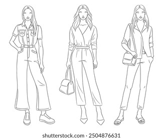 Female clothes collection. Fashion models posing. Vector line fashion illustration of beautiful young women, isolated on a white background. Fashion coloring page. Hand drawn fashion sketches.