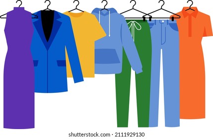 Female Clothes On Rack. Dress, Jacket, T-shirt Hoodie, Trousers. Wardrobe Concept. Seasonal Sale, Shopping In Clothing Store, Boutique, Online Purchase. Modern Vector For Poster, Cover, Blog.