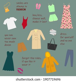 Female clothes and shoes collection. Quotes about fashion. Vector flat cartoon illustration.  