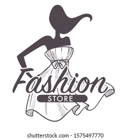 Female clothes shop or fashion store isolated sketch icon vector. Girl silhouette in dress, womens wear, boutique hand drawn emblem or logo. Model in gown, shopping and tailoring, couture outfits